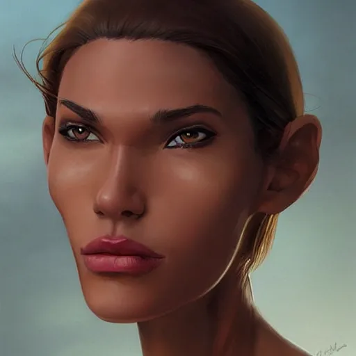 Image similar to a tall, tan skinned woman with sunken, dark brown eyes, defined cheekbones and a large nose. she has lank, brown hair, wears reddish lipstick, and she has a crooked smile. detailed face, smooth, sharp focus, graphic novel, by artgerm and greg rutkowski and pepe larraz