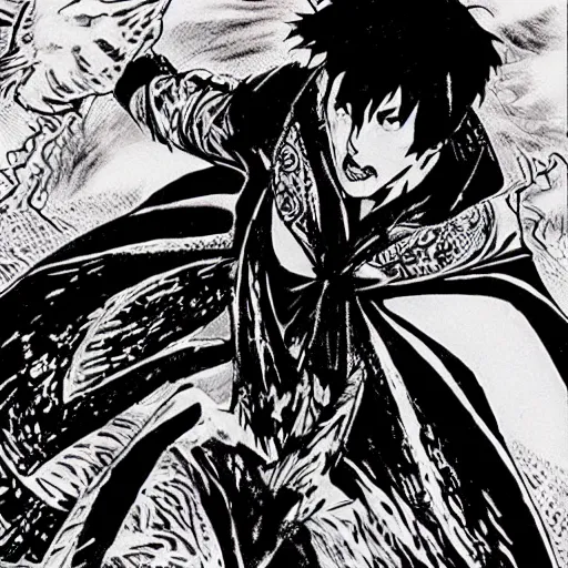 Image similar to pen and ink!!!! attractive 22 year old Dr. Strange Gantz monochrome!!!! Frank Zappa x Daniel Radcliff highly detailed manga Vagabond!!!! telepathic floating magic swordsman!!!! glides through a beautiful!!!!!!! battlefield magic the gathering dramatic esoteric!!!!!! pen and ink!!!!! illustrated in high detail!!!!!!!! graphic novel!!!!!!!!! by Hiroya Oku!!!!!!!!! MTG!!! award winning!!!! full closeup portrait!!!!! action manga panel