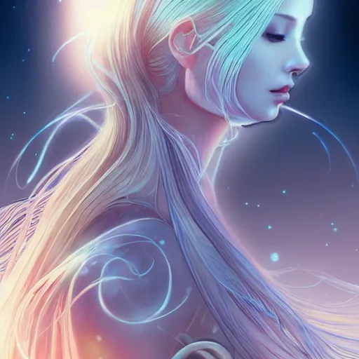 Prompt: princess of light, style of moebius, artgerm, james jean, long glowing ethereal hair, cinematic, highly detailed, award winning