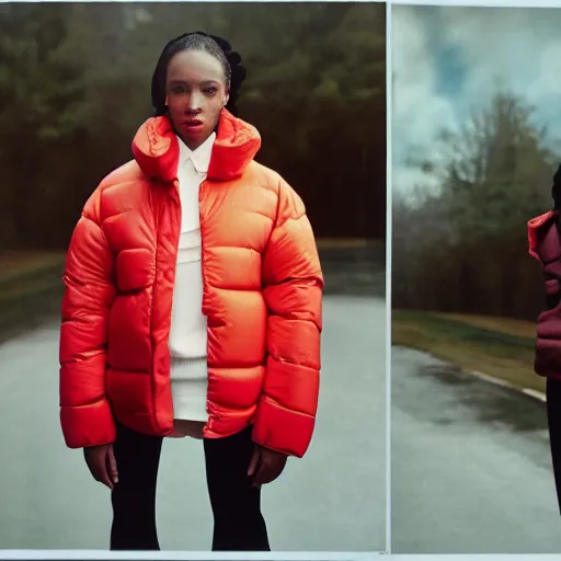 Image similar to realistic! photoshoot for a new balenciaga lookbook, color film photography, portrait of a beautiful woman wearing a puffer jacket, photo in style of tyler mitchell, 35mm