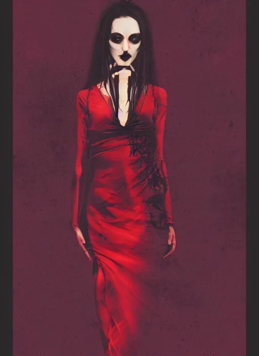 Prompt: dark design poster, realistic, portrait of a vampire woman in a long red dress, black background with very subtle red and purple design elements, powerful, nekro, vito acconci, thin straight lines, dark, glitch art, neo vaporwave, gritty, layout frame, square, extremly detailed, trending on artstation