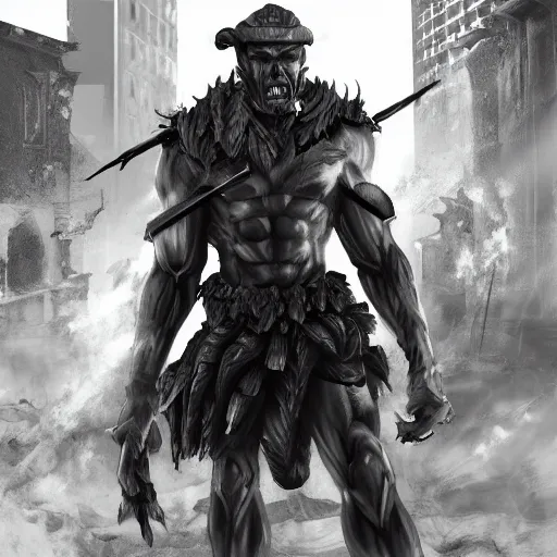 Image similar to black and white muscular demon man, wearing soldier uniform, holding bayonet knife exploring urban environment, concept art trending on art station 4k award-winning unreal engine