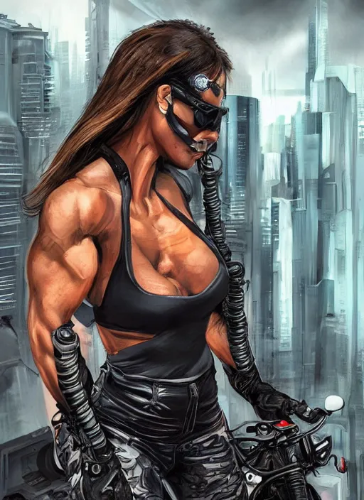 Prompt: a portrait of a female fitness model biker in a cyberpunk city art by Simon Bisley, Martin Emond, highly detailed artstation character concept art, full length character, sharp focus