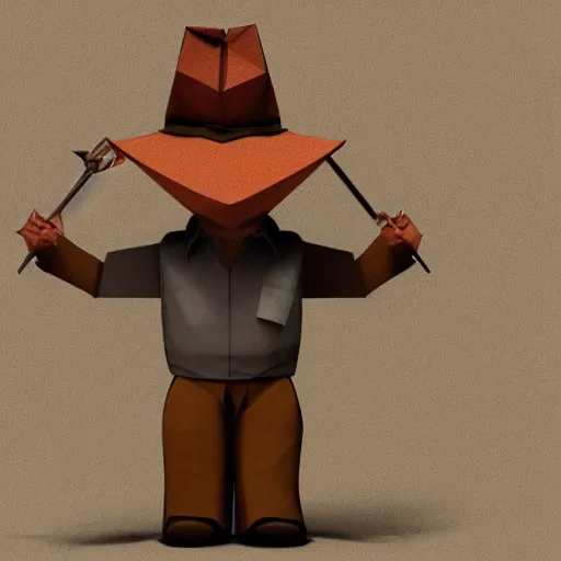 Image similar to realistic full body of indiana jones with hat made of origami, 3 dimentional, details, intricate details, Origami Studio 3 design, Toon Boom render