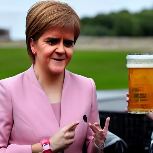 Prompt: Nicola Sturgeon drinking a pint of beer