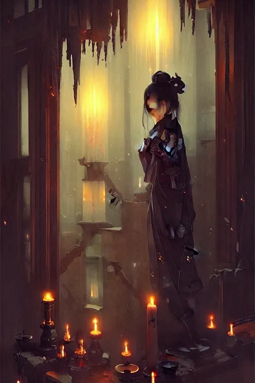 Prompt: dreamy dark hall with candles and dripping wax. beautiful intricately detailed japanese artwork, fantasy art by bayard wu, trending on artstation, camille corot, stephan martiniere