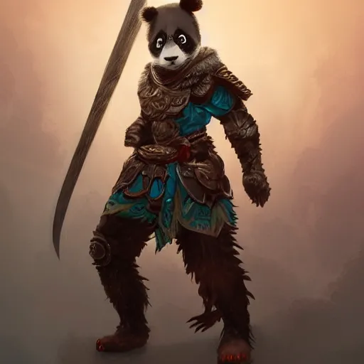 Prompt: A fierce anthropomorphic panda warrior draped in majestic epic armor, DnD character art portrait, DeviantArt, Artstation, Character design, intricate artwork by Tooth Wu and greg rutkowski and artgerm, cinematic, hyper realism, high detail, octane render, unreal engine, 8k, Vibrant colors, Smooth gradients, High contrast, depth of field, aperture f2.8