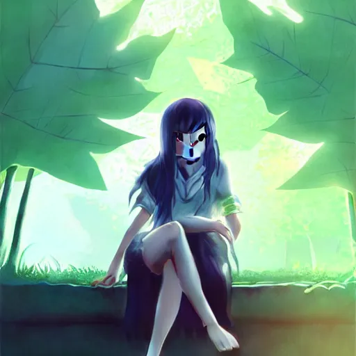 Prompt: very small little girl by ross tran, sitting on a gigantic green leaf by sana takeda, rtx reflections, octane 1 2 8 k, very high intricate details, digital anime art by wlop, medium shot, mid - shot, composition by ilya kuvshinov, lighting by greg rutkowski