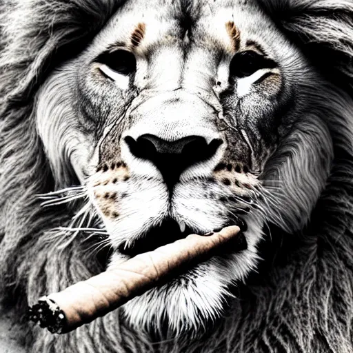 Image similar to a very detailed photo of a lion ( smoking a cigar ) outside the mansion by the pool