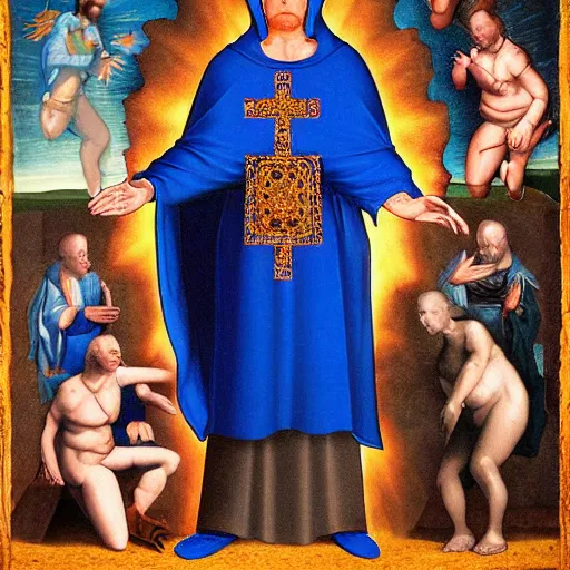 Image similar to hank hill as the saint of propane, white tshirt, blue jeans, surrounded by blue fire, surrounded by blue flames, renaissance religious painting, late gothic religious paintings, byzantine religious art, trending on artstation