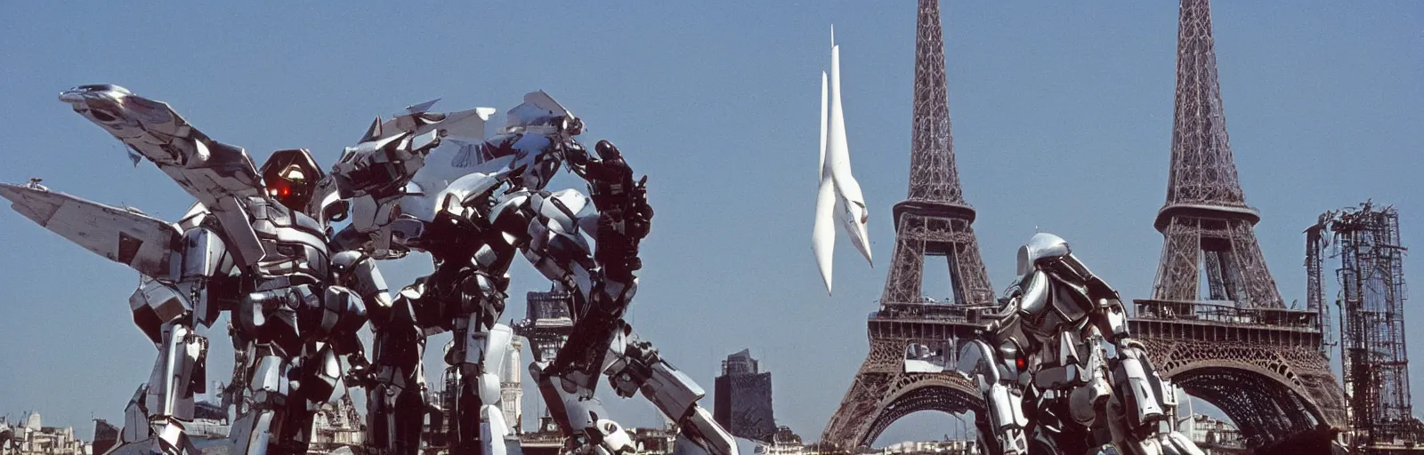 Image similar to Still from the 1969 movie MECHA-CONCORDE vs ROBO-EIFFEL the giant humanoid Eiffel Tower battles the swan-like superplane above the streets of paris-futur - starring ALAIN DELON - art direction by moebius hq production still technicolor