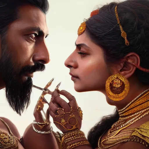 Image similar to portrait painting of dark muscular indian king and queen kissing, ultra realistic, concept art, intricate details, eerie, highly detailed, photorealistic, octane render, 8 k, unreal engine. art by artgerm and greg rutkowski and alphonse mucha