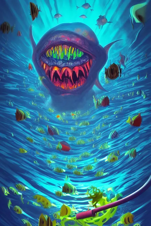 Image similar to life deep inside the sea with all monster on it. pop art, no duplicate image, glowing lights, ultra details, digital painting, artstation, concept art, smooth, sharp focus, illustration, intecrate details, art by richard hamilton and mimmo rottela, pixels art by kirokaze and paul robertson