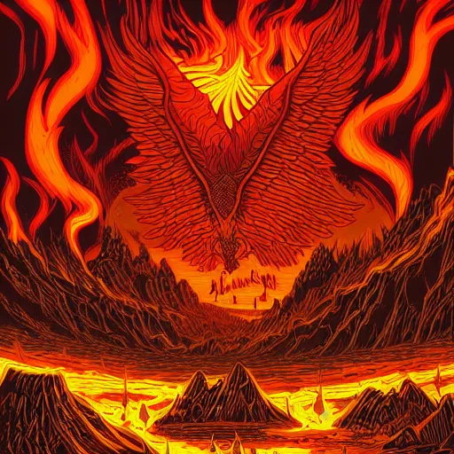 Prompt: A fiery hellscape by Dan Mumford