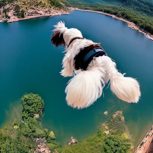 Prompt: a cream-colored havanese bungee jumping, gopro photo, 4k