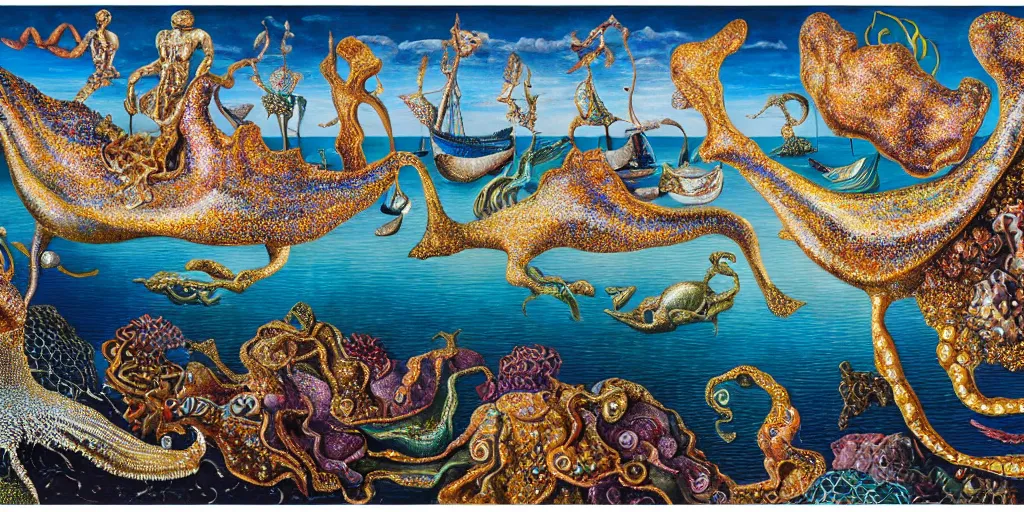 Prompt: sea creatures | shimmery, glittery, metallic, complex, intricate, textured | wide open vista view | gouche on paper by salvador dali by raqib shaw | 8 k