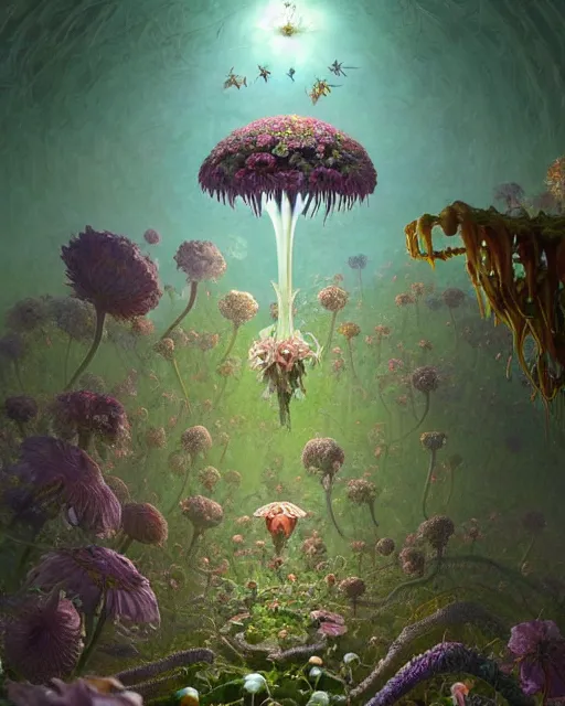 Image similar to the platonic ideal of flowers, sprouting, insects and praying of cletus kasady carnage davinci dementor chtulu mandelbulb ponyo alice in wonderland dinotopia watership down, d & d, fantasy, ego death, mdma, dmt, psilocybin, concept art by greg rutkowski and simon stalenhag and alphonse mucha