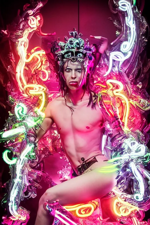 Prompt: full-body rococo and cyberpunk style neon statue of a seductive attractive Spanish android sin ropa in a macho heroic pose, bem dotado, piroca, pecho peludo, ethereal white dripping tar, glowing orange lasers, pink tigers, glowing eyes, silver prince crown, black gears, pink diamonds, swirling mint-colored silk fabric. futuristic elements. full-length view. human skulls. large intricate artwork by caravaggio. trending on cgsociety, trending on artstation, octane render, cinematic lighting from the right, hyper realism, octane render, 8k, depth of field, 3D