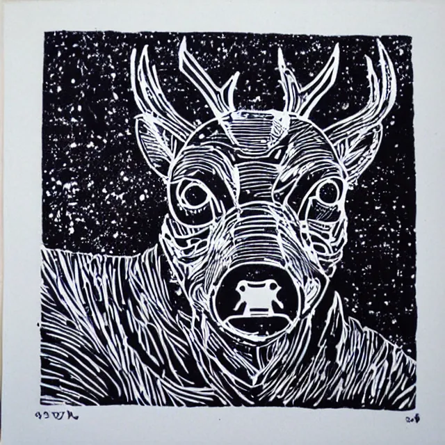 Image similar to linocut of cybernetic deer