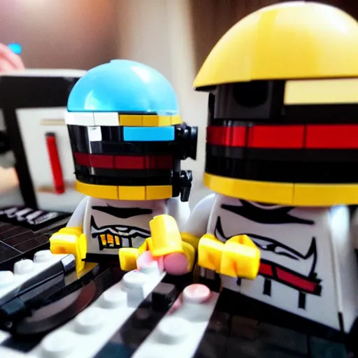 Image similar to Lego Daft Punk DJing with DJ turntables