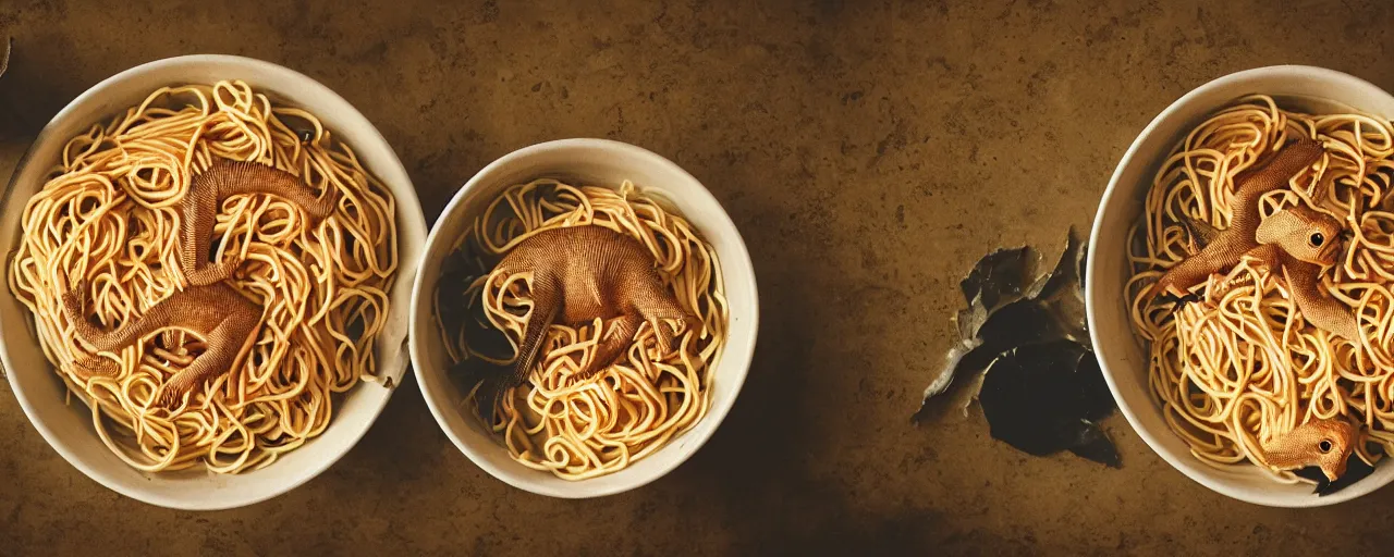 Image similar to dinosaurs living inside a bowl of spaghetti, canon 5 0 mm, cinematic lighting, photography, retro, film, kodachrome