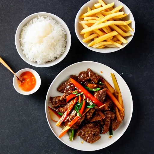 Prompt: dslr food photograph of stir fried beef in dark soy sauce, mixed with tomato wedges and french fries, served with white rice on the side, 8 5 mm f 1. 8