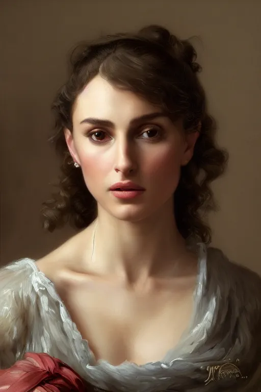 Image similar to Nathalie Portman portrait, loving amber eyes, a shy face, style portrait painting of François Boucher, Oil Painting, unreal 5, DAZ, hyperrealistic, octane render, Regal, Refined, Detailed Digital Art, RPG portrait, William-Adolphe Bouguereau, Michael Cheval, dynamic lighting, Highly Detailed, Cinematic Lighting, Unreal Engine, 8k, HD