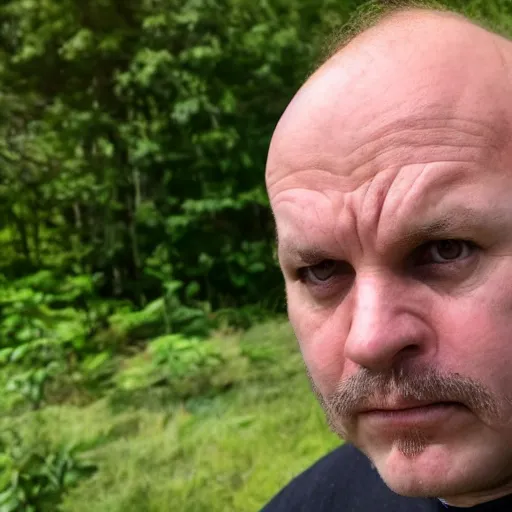 Image similar to an extremely angry, balding middle aged man looking at the camera