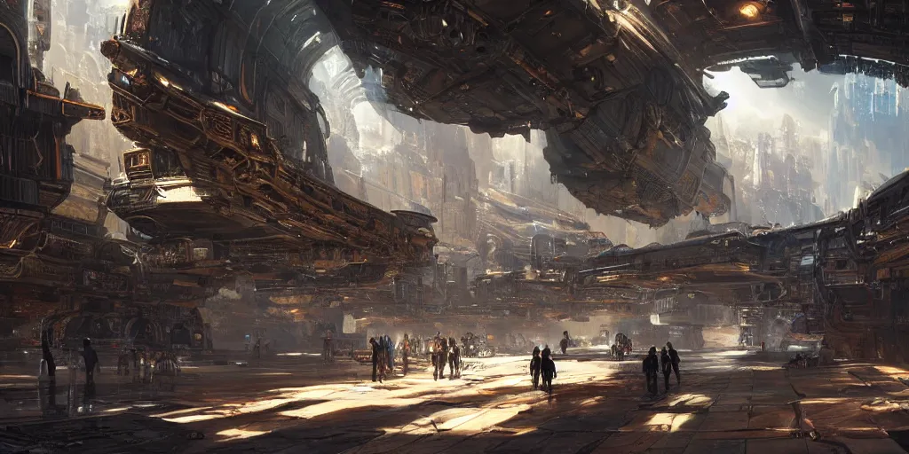 Prompt: screenshot of a vibrant marketplace on the edge of space, in a massive cavernous iron city, dappled light, colossal arcing metal structures high in the cavernous metal interior, sci - fi, beautiful, awe inspiring, fps, by james gurney, greg rutkowski, sparth, thomas kinkaide, cinematography, cinematic masterpiece