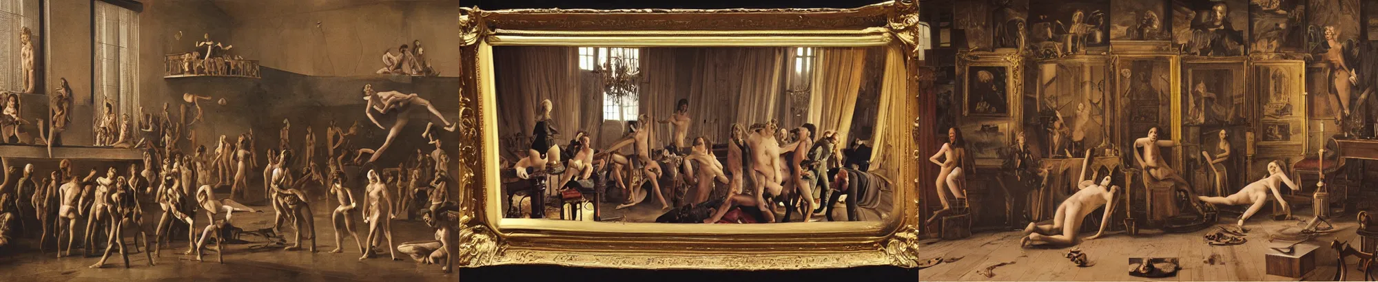 Prompt: picture of several persons in a large room by annie leibovitz in the style of a novel of marquis de sade. highly detailed, highly intricate, 5 0 mm, very colorful, photorealistic