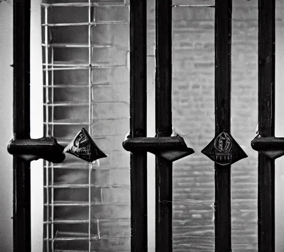 Prompt: Joachim Brohm photo of 'avengers thanos laughing behind jail bars', high contrast, high exposure photo, monochrome, DLSR, grainy, close up