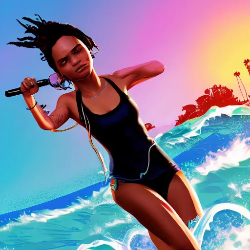 Image similar to zoe kravitz as a california surfer girl, gta 5 cover art, hd digital art, trending on artstation