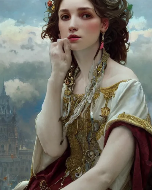 Prompt: a beautiful close up portrait of a female white knight sitting with elegant looks, flowing cape, ornate and flowing, intricate and soft by ruan jia, tom bagshaw, alphonse mucha, krenz cushart, beautiful roman architectural ruins in the background, epic sky, vray render, artstation, deviantart, pinterest, 5 0 0 px models