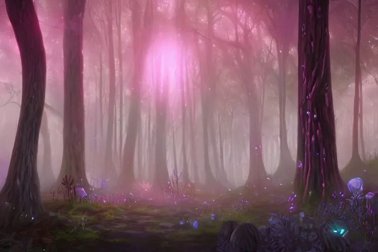 Prompt: ancient magical dark forest, tall purple and pink trees, moonlit, winding path lined with bioluminescent mushrooms, neonlike fireflies, pale blue fog, mysterious, eyes in the trees, cinematic lighting, photorealism, world of warcraft concept art