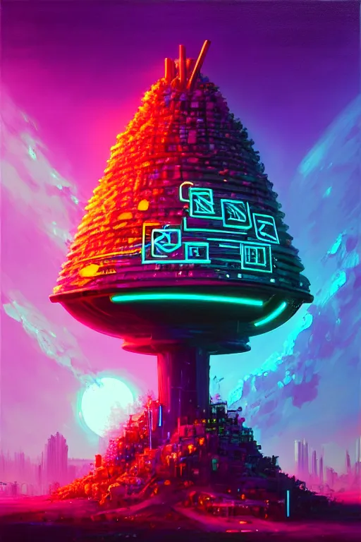 Image similar to a beautiful cyberpunk acrylic painting of a rune beehive in wild, trending on artstation, beeple