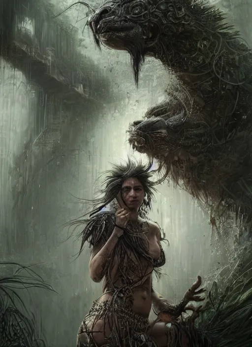 Image similar to a portrait of a very beautiful cute tribal woman riding a mutated jaguar in a post apocalyptic city overgrown with lush vegetation, by Luis Royo, by Greg Rutkowski, dark, gritty, intricate, backlit, strong rimlight, cover illustration, concept art, volumetric lighting, volumetric atmosphere, sharp focus, octane render, trending on artstation, 8k