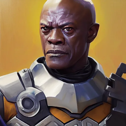 Prompt: greg manchess portrait painting of armored mace windu as overwatch character, medium shot, asymmetrical, profile picture, organic painting, sunny day, matte painting, bold shapes, hard edges, street art, trending on artstation, by huang guangjian and gil elvgren and sachin teng