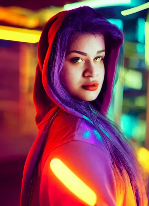 Image similar to A hyper realistic and detailed head portrait photography of curvy raven-hair young woman in a iridescent hoodie on a futuristic street. by Annie Leibovitz. Neo noir style. Cinematic. neon lights glow in the background. Cinestill 800T film. Lens flare. Helios 44m