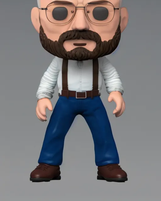 Image similar to full body 3d render of Walter White as a funko pop, studio lighting, white background, blender, trending on artstation, 8k, highly detailed