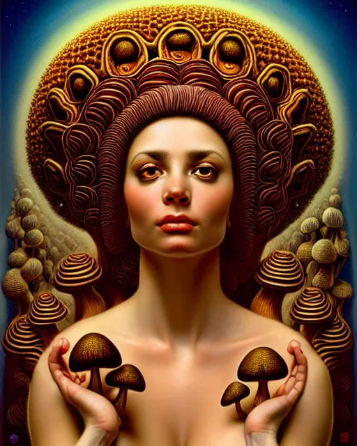 Prompt: portrait of the goddess of fungi, unusual beauty, emotionally evoking symbolic metaphors, head in focus, fantasy, ornamental, intricate, elegant, sensual, highly detailed digital painting, artstation, concept art, painterly, golden ratio, sharp focus, illustration, art by John William Godward and Boris Vallejo and Zdzisław Beksiński,