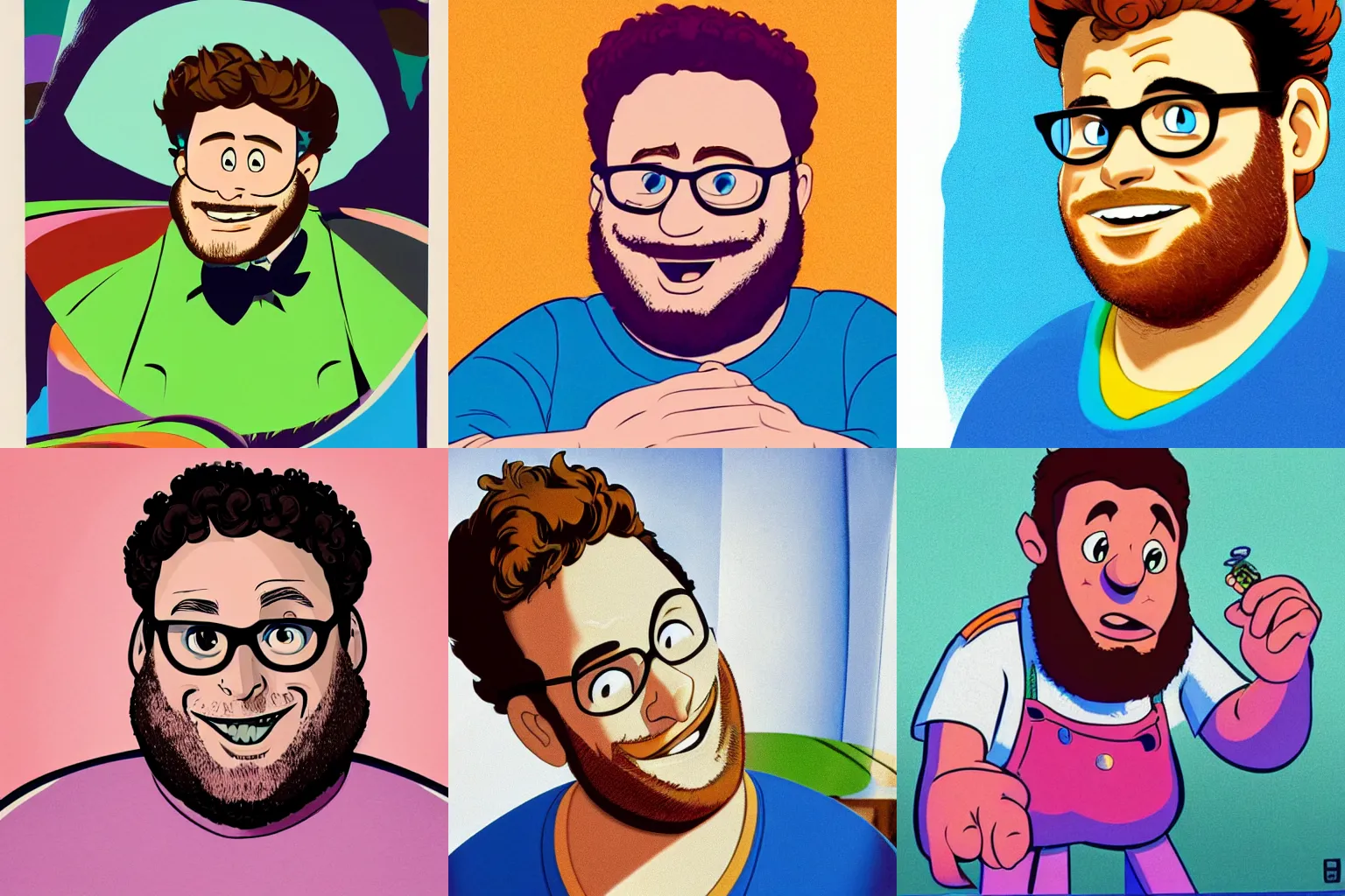 Prompt: Still of Seth Rogen from the animated Disney movie released in 1945, directed by Clyde Geronimi, printed coloured lithography CMYK