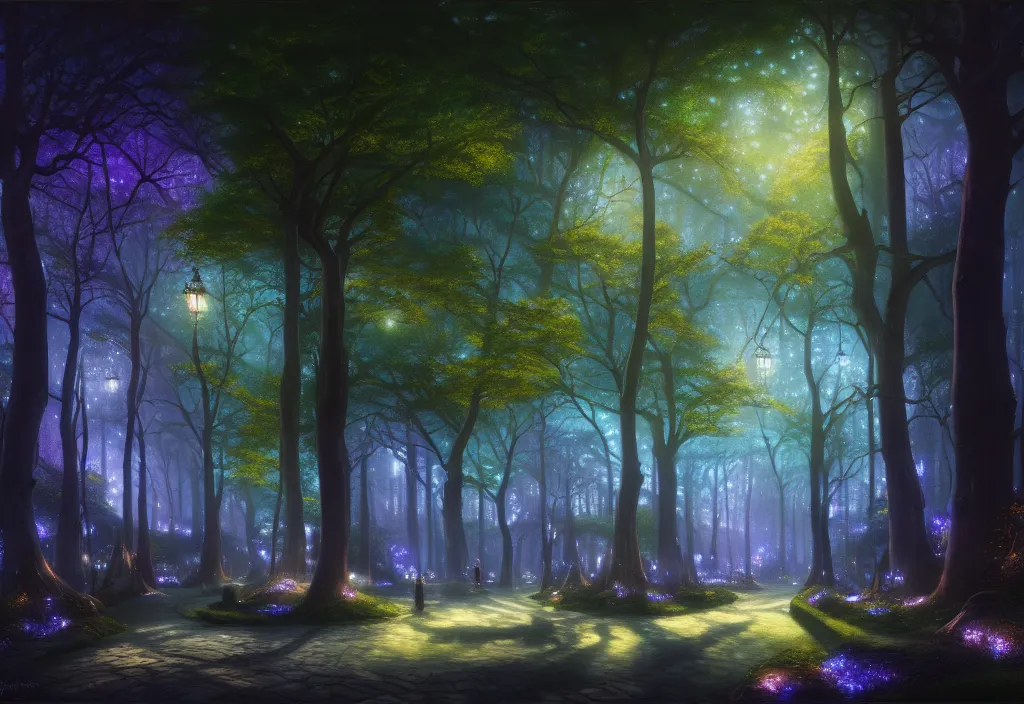 Image similar to Lothlorien at night, very dark with green lights, blue lights and purple lights, elven forest town with houses up in the trees, oil painting, dramatic lighting, Jakub Kasper, Makoto Shinkai, hyperrealistic, cinematic, elegant, intricate