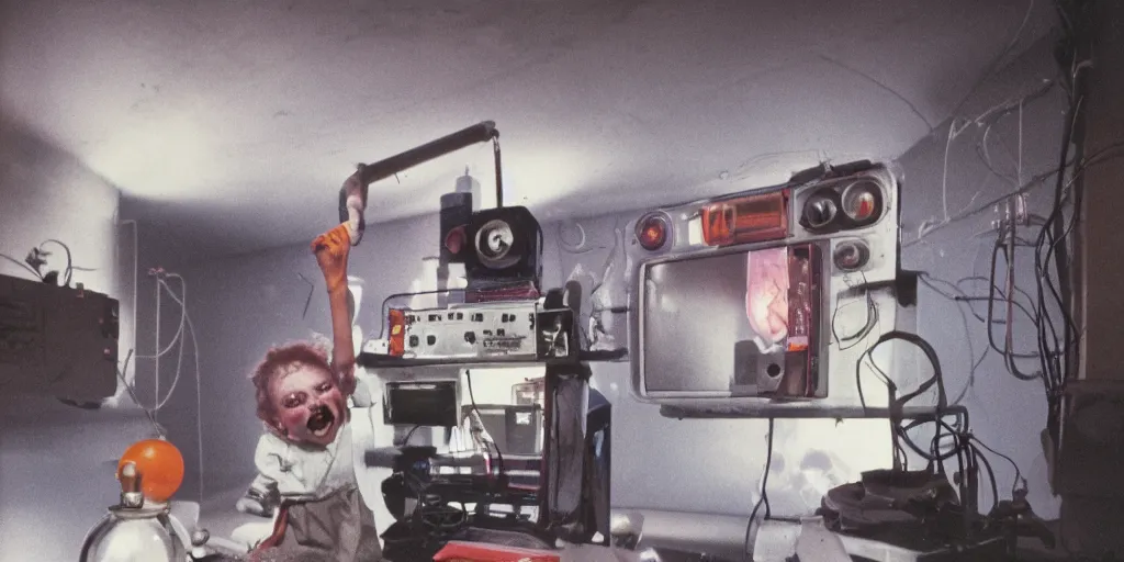 Image similar to a screaming mechanical monster child with a TV monitor head, inside of a 1970s science lab, neon lights, dirty, ektachrome photograph, volumetric lighting, f8 aperture, cinematic Eastman 5384 film