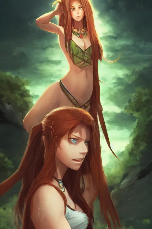 Image similar to long ginger hair, tanned woman in a prehistoric outfit, green eyes, fang necklace, by artgerm, hair tied in a ponytail, white backdrop, soft lighting, night scene, by greg rutkowski makoto shinkai takashi takeuchi