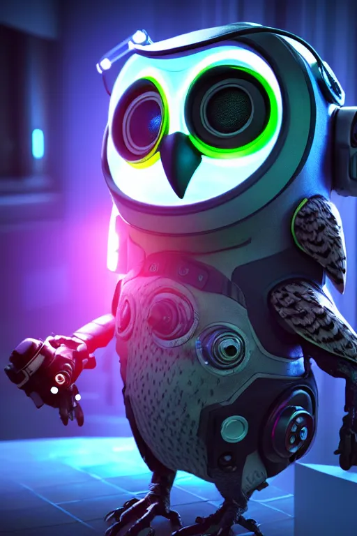 Image similar to high quality 3 d render very cute cyborg owl! with boombox!, cyberpunk highly detailed, unreal engine cinematic smooth, in the style of blade runner & detective pikachu, hannah yata charlie immer, moody light, low angle, uhd 8 k, sharp focus