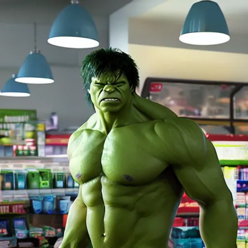 Image similar to the incredible hulk working the night shift as a 7/11 cashier, macro, wide shot, dramatic lighting, octane render, hyperrealistic, HD