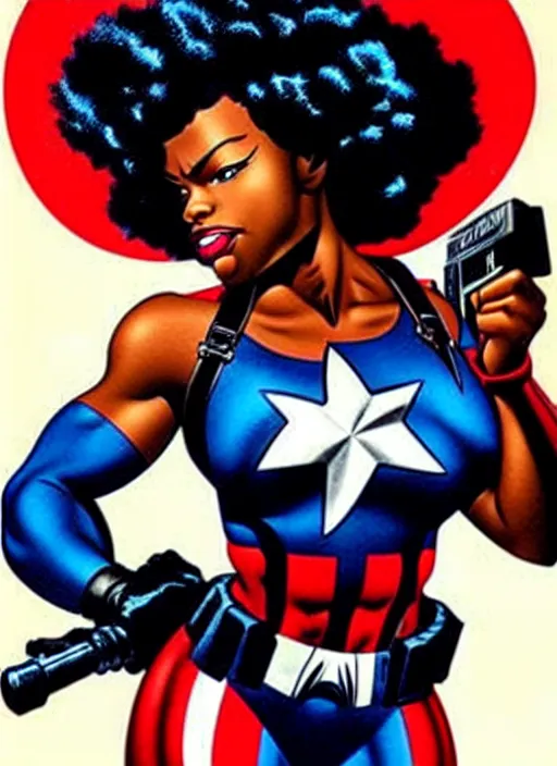 Image similar to beautiful black female captain america. afro - feminist captain america wins wwii. american wwii propaganda poster by james gurney, rob liefeld and pixar. gorgeous face. overwatch, realistic. black power