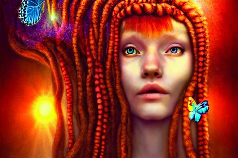 Prompt: a realistic portrait of a beautiful red haired mushroom goddess with braids, inside a waterfall, in an enchanted psychedelic mushroom forest, butterflies, sunbeams at sunset, wlop, magic, opalescent, vibrant, photorealistic, dada, surrealism