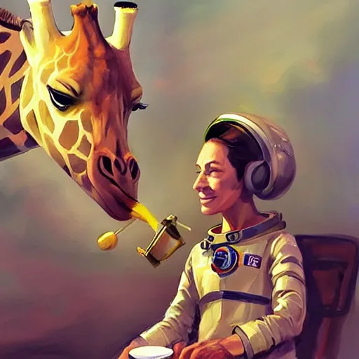 Image similar to a giraffe dressed like an astronaut drinking tea with queen isabel, trending on artstation, art by greg manchess, guangjian, detailed digital art, artstation hd