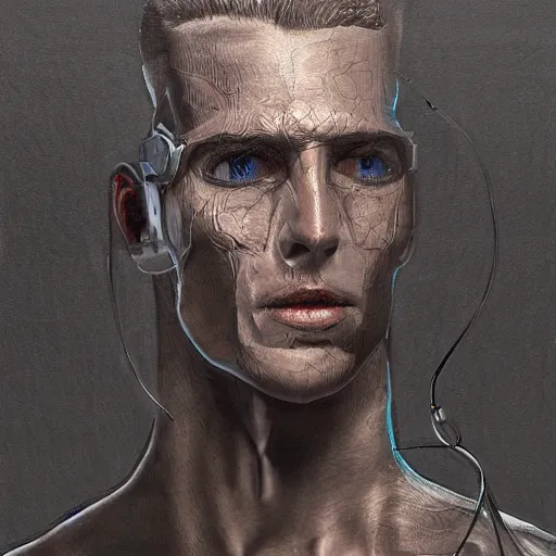 Prompt: a hyper - detailed fine painting of a synthetic man, dystopian concept art